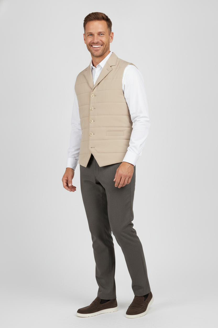 Bodywarmer Sand "Ansel" - Flexx, model driekwart aanzicht De Heerenkamer Utrecht
