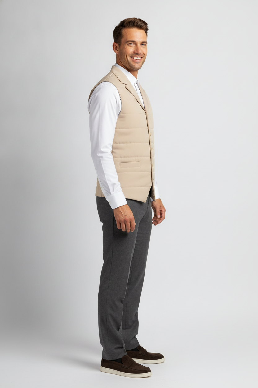 Bodywarmer Sand "Ansel" - Flexx, model zijaanzicht De Heerenkamer Utrecht