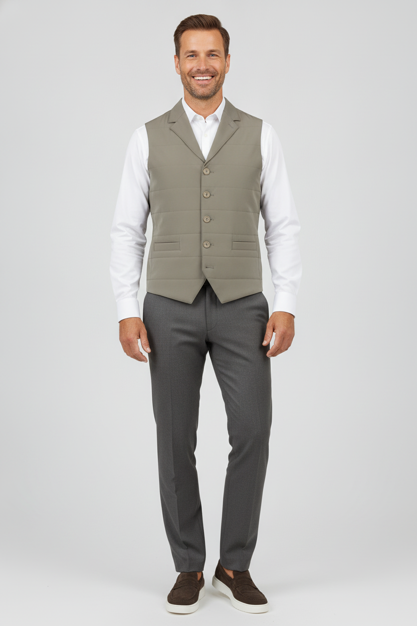 Bodywarmer Light Olive "Ansel" - Flexx, model vooraanzicht De Heerenkamer Utrecht