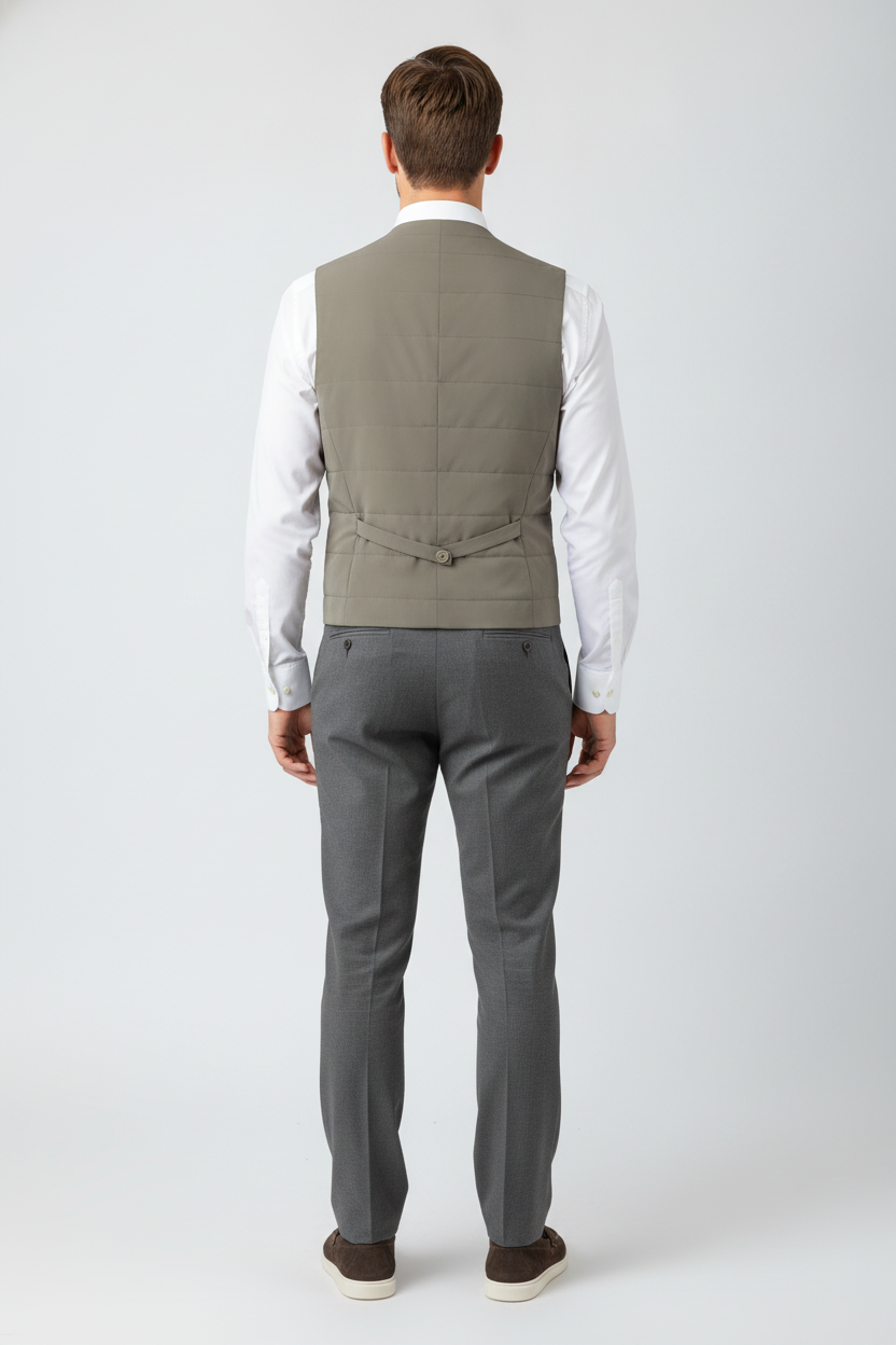 Bodywarmer Light Olive "Ansel" - Flexx, model achteraanzicht De Heerenkamer Utrecht