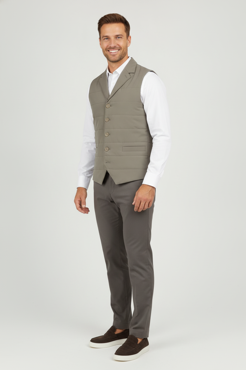 Bodywarmer Light Olive "Ansel" - Flexx, model driekwart aanzicht De Heerenkamer Utrecht