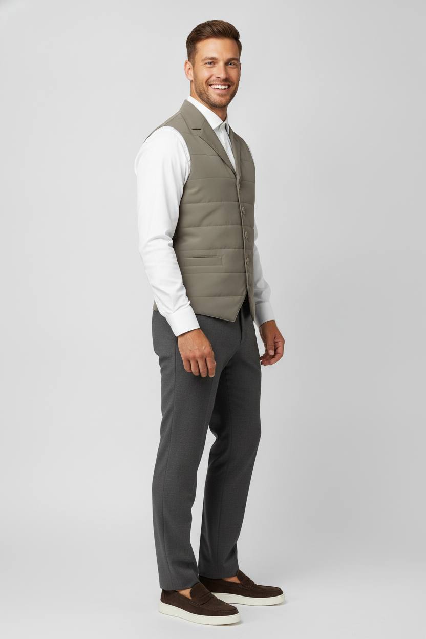 Bodywarmer Light Olive "Ansel" - Flexx, model zijaanzicht De Heerenkamer Utrecht