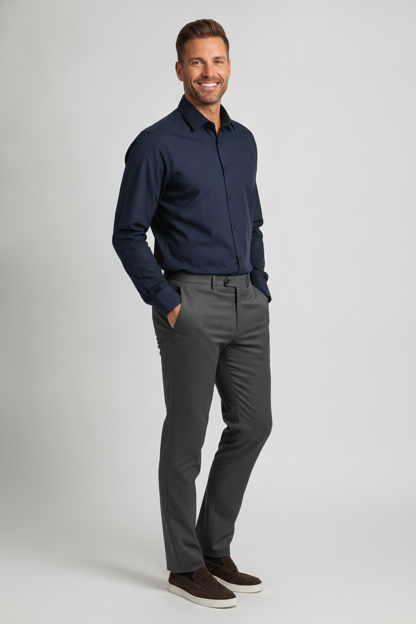 Stretch Overhemd Dark Navy Performance "Oswin" - Flexx, model driekwart aanzicht De Heerenkamer Utrecht