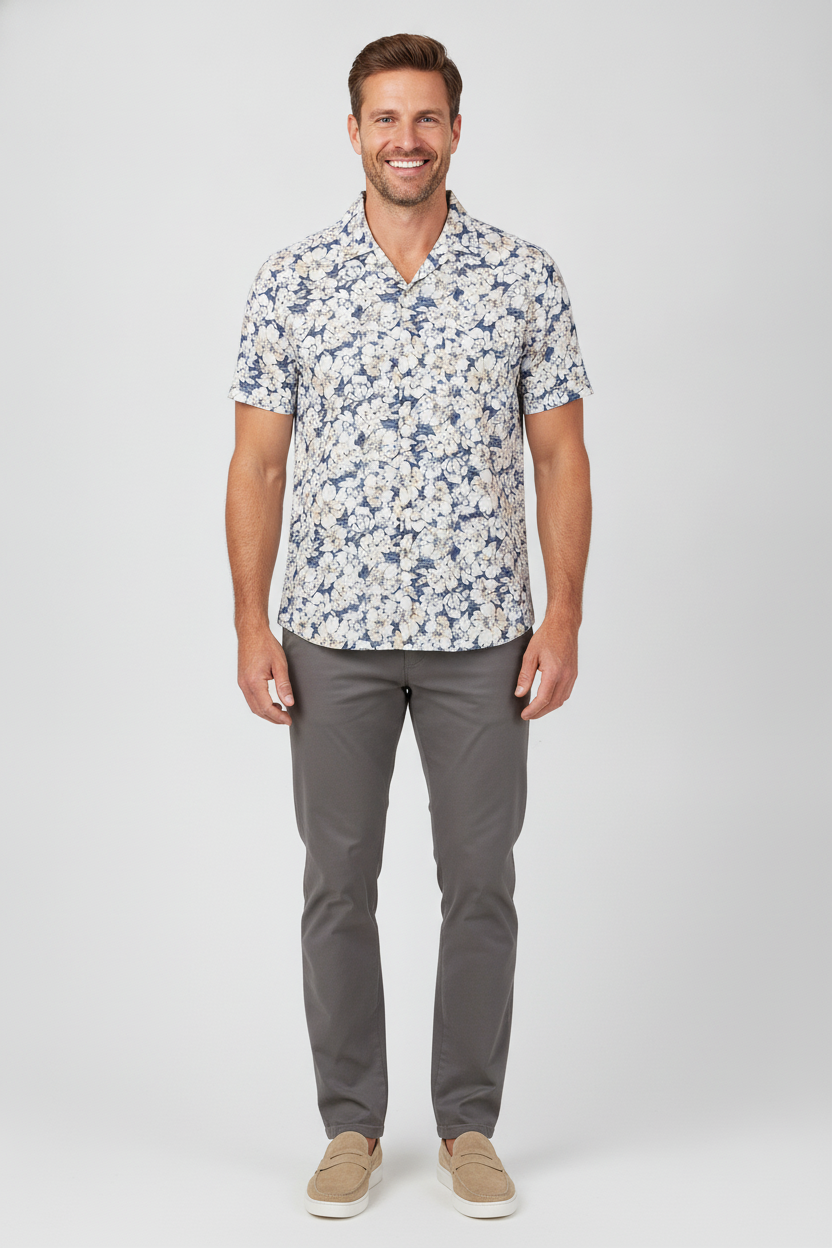 Overhemd Korte Mouw Bloemenprint Navy "Cosmo" - Flexx, model vooraanzicht De Heerenkamer Utrecht
