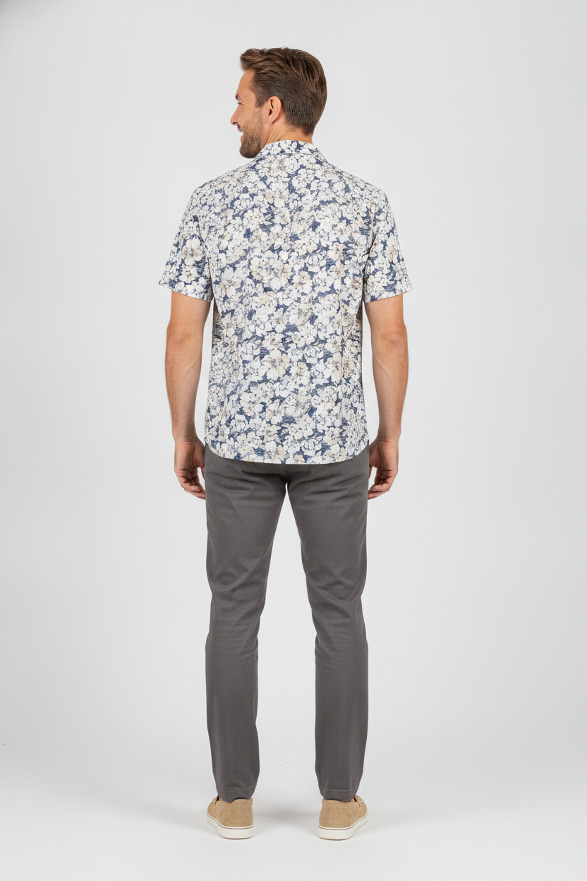 Overhemd Korte Mouw Bloemenprint Navy "Cosmo" - Flexx, model achteraanzicht De Heerenkamer Utrecht