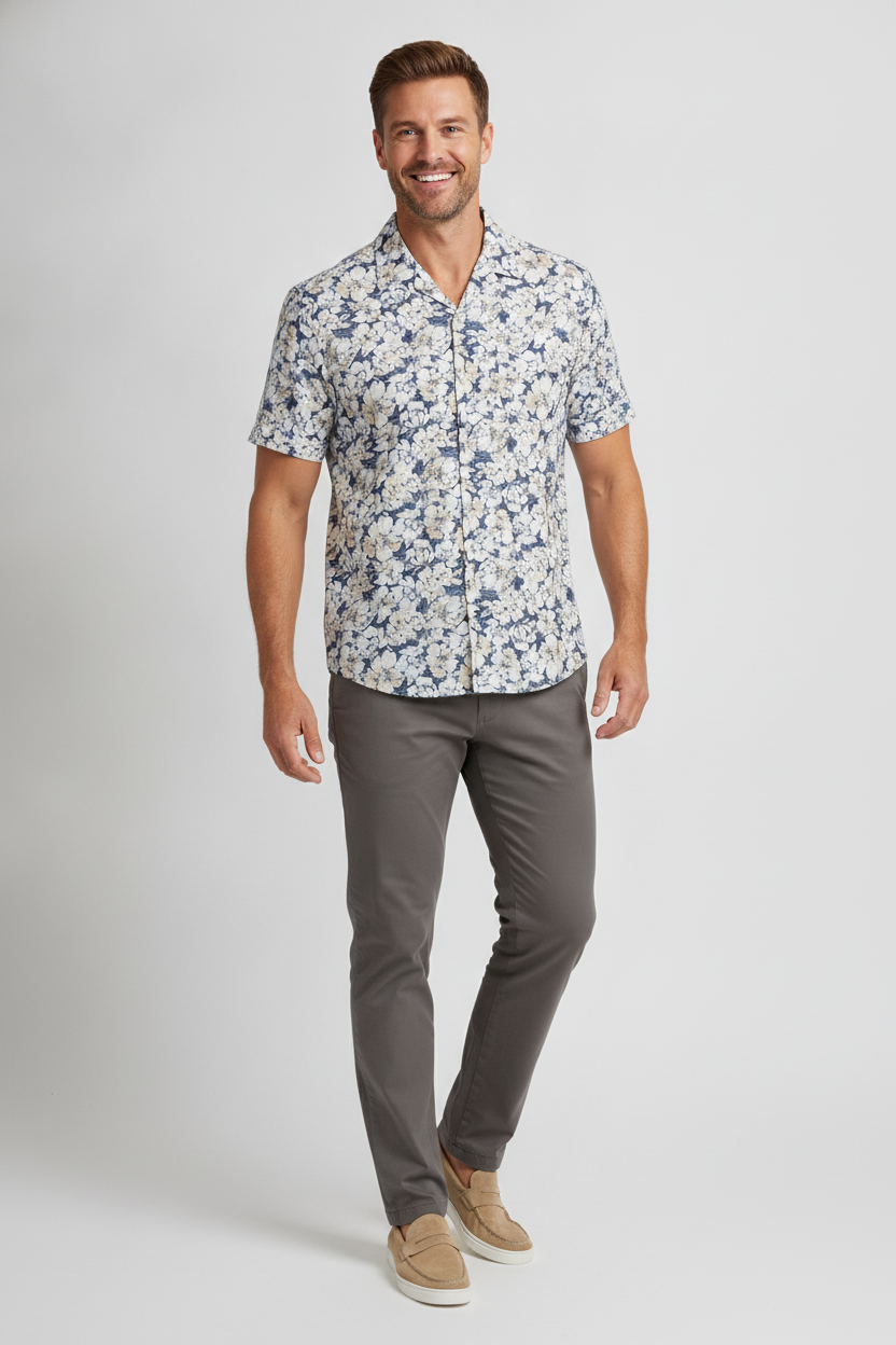 Overhemd Korte Mouw Bloemenprint Navy "Cosmo" - Flexx, model driekwart aanzicht De Heerenkamer Utrecht
