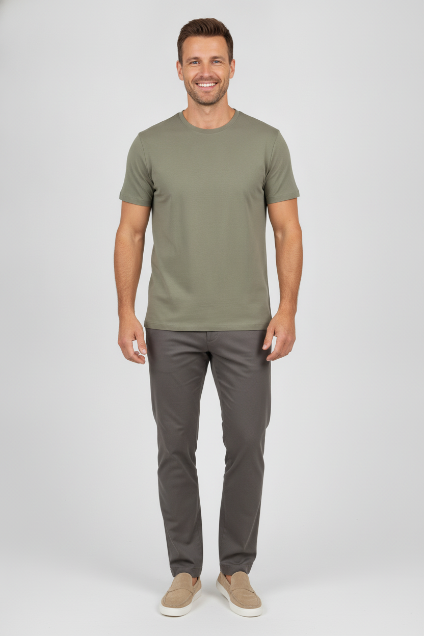 T-shirt Khaki "Kare" - Flexx, model vooraanzicht De Heerenkamer Utrecht