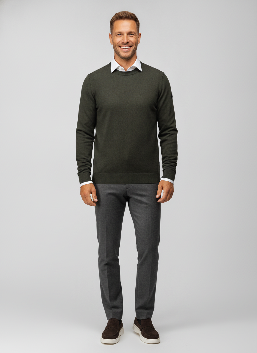 Trui Dark Green-Dark Navy Col "Eero" - Flexx, model vooraanzicht De Heerenkamer Utrecht
