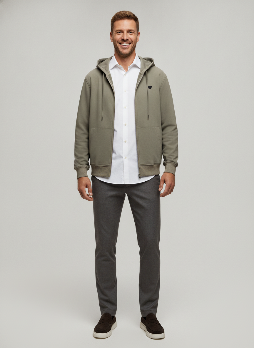 Hoodie Light Khaki "Thane" - Flexx, model vooraanzicht De Heerenkamer Utrecht