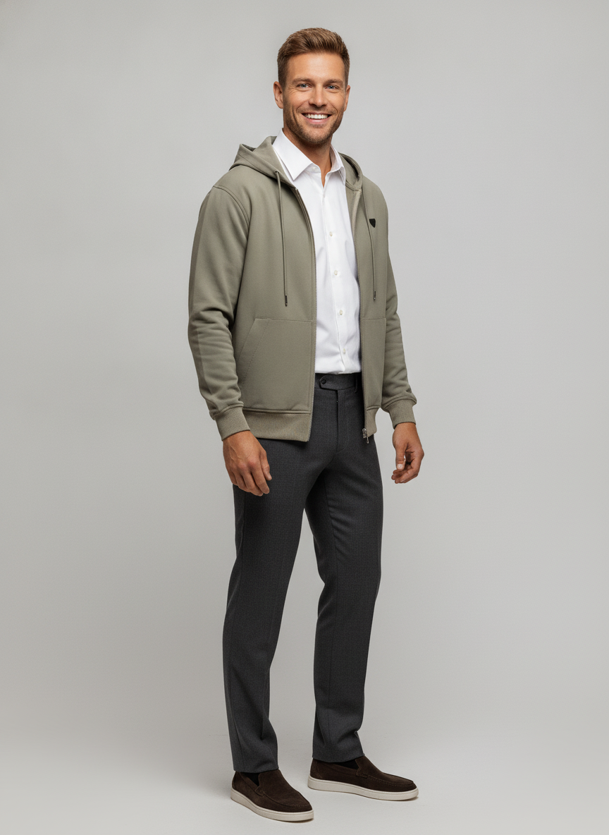 Hoodie Light Khaki "Thane" - Flexx, model driekwart aanzicht De Heerenkamer Utrecht