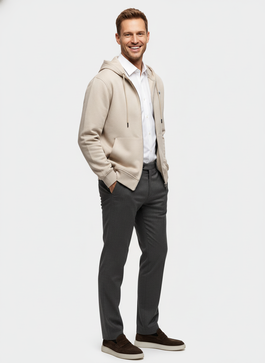 Hoodie Sand "Thane" - Flexx, model driekwart aanzicht De Heerenkamer Utrecht