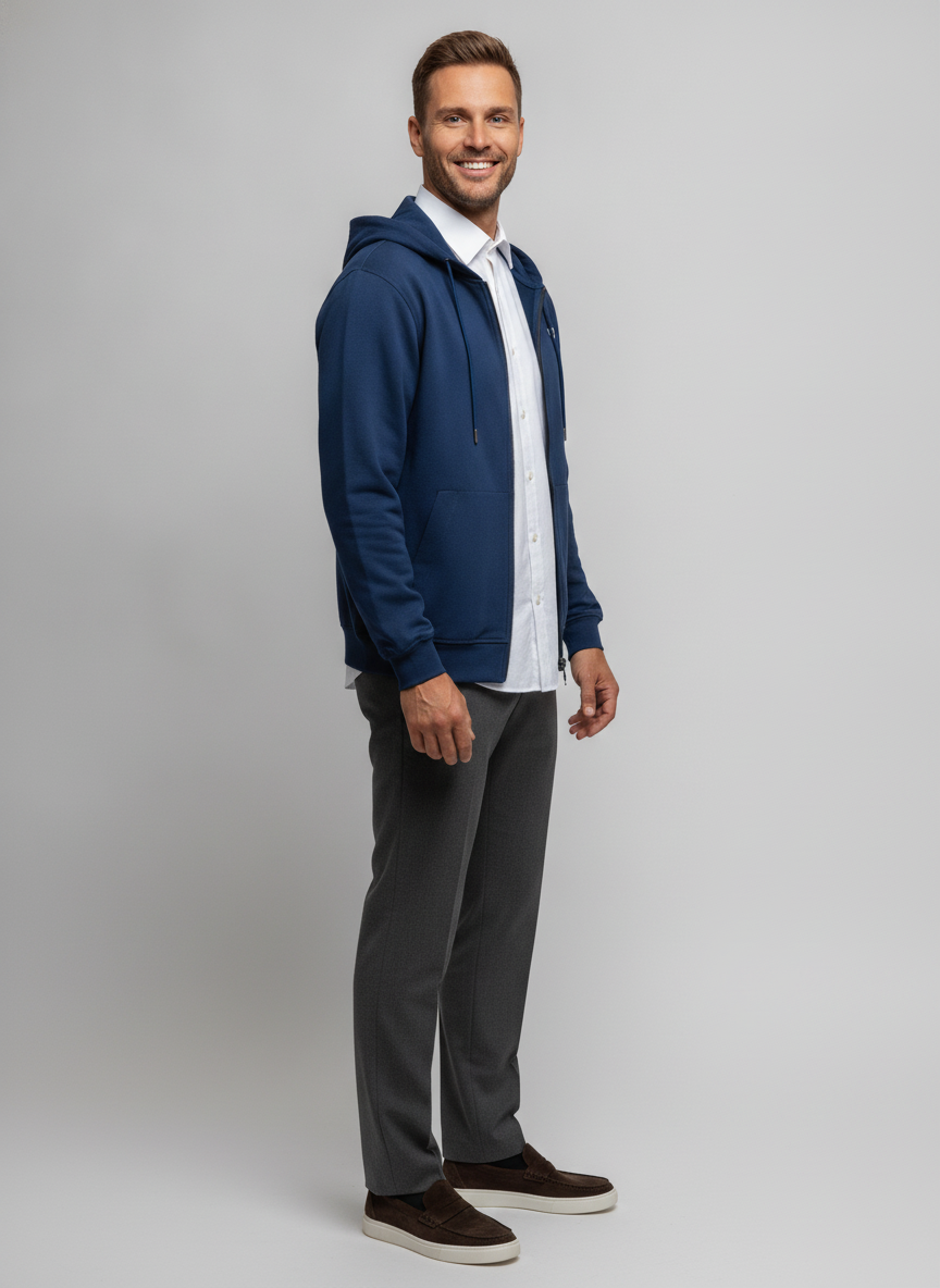 Hoodie Mid Blue "Thane" - Flexx, model zijaanzicht De Heerenkamer Utrecht