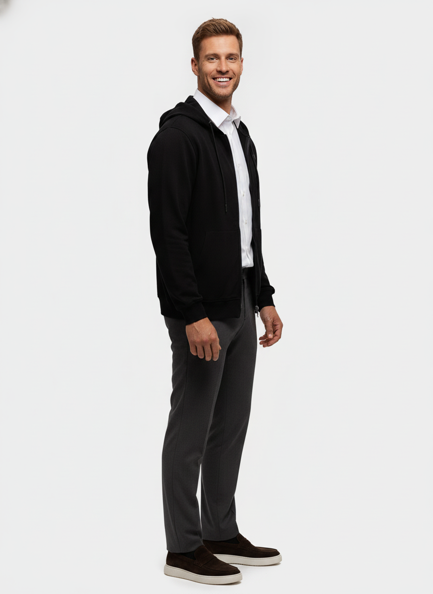 Hoodie Black "Thane" - Flexx, model zijaanzicht De Heerenkamer Utrecht