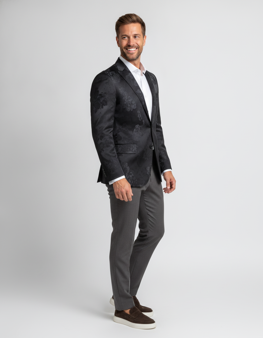 Colbert Paisley Print Black - Mister Steven, model driekwart aanzicht De Heerenkamer Utrecht