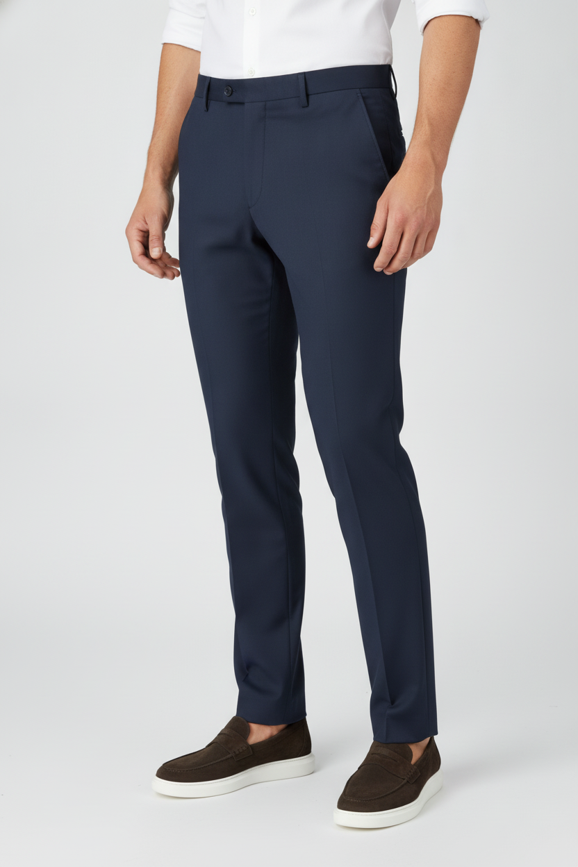 Broek Navy Mix and Match - D, model driekwart aanzicht De Heerenkamer Utrecht