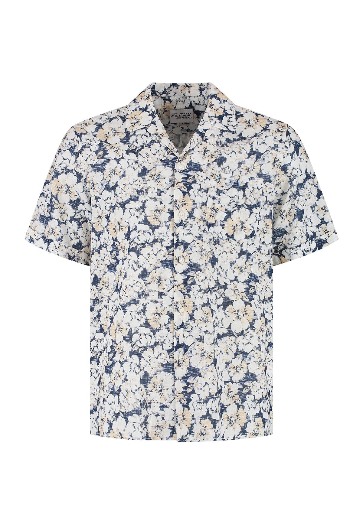 Shirt Navy Flowers Short Sleeve Cosmo - Flexx — donkerblauw bloemenprint korte mouw heren — De Heerenkamer Utrecht