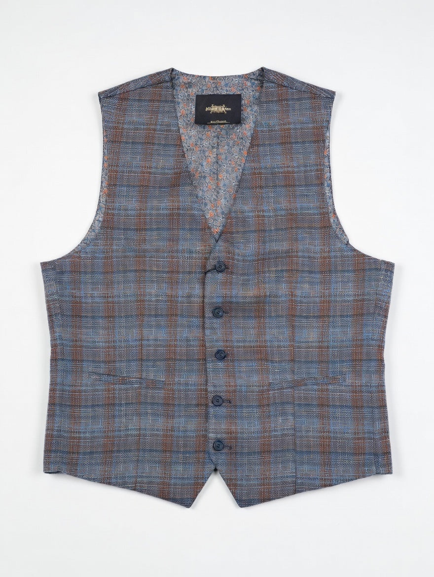 Gilet Mid Blue Brown Checkered