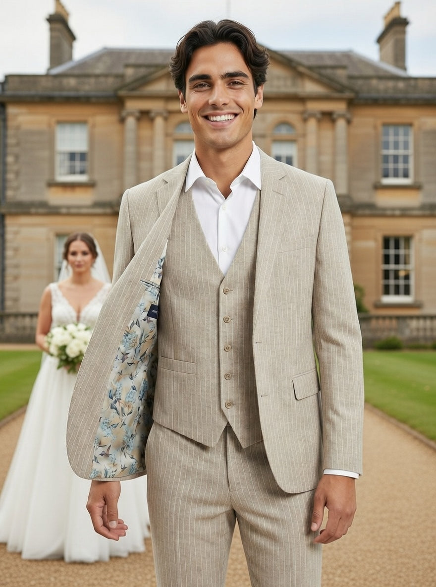 Mister Steven trouwpak 3-delig beige pinstripe 