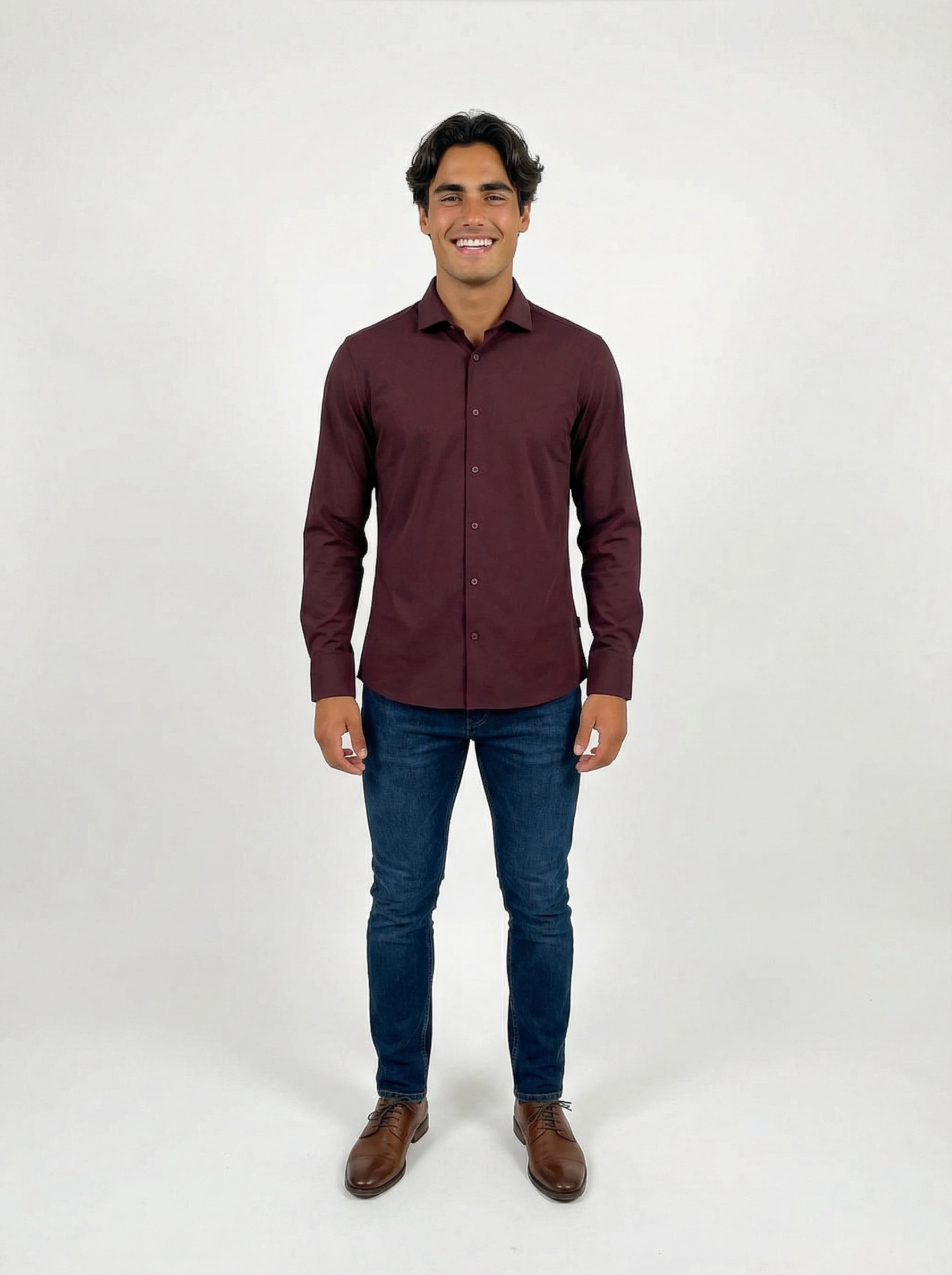 Performance shirt Wine Red blue trousers