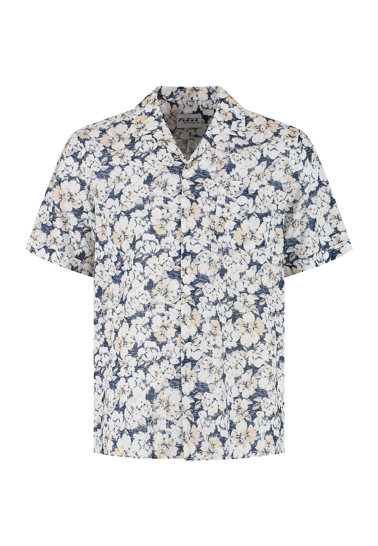 Shirt Cosmo Navy Flowers — Flexx Amsterdam — donkerblauw bloemenprint korte mouw heren — Mister Steven Utrecht